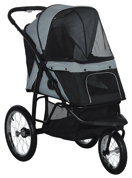 PawHut Carrello per cani pieghevole con parasole, finestre a rete, cestino portaoggetti, grigio, 111 x 58 x 107 cm