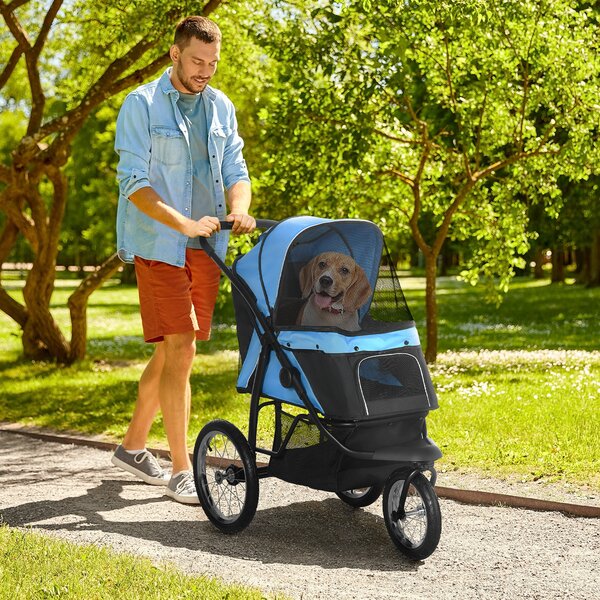 PawHut Carro per cani, pieghevole, cappuccio parasole, finestre in rete, cestino portaoggetti, Blu, 111 x 58 x 107 cm