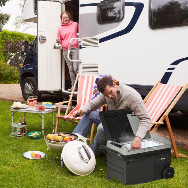 Outsunny Box Frigo Auto 40L con Illuminazione a LED Compressore Frigorifero da Auto con Manici Ruote Trasporto Barca Camper Viaggi 12/24V DC e 110-240V AC Nero+Grigio