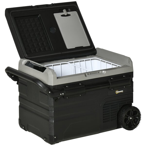 Outsunny Box Frigo Auto 40L con Illuminazione a LED Compressore Frigorifero da Auto con Manici Ruote Trasporto Barca Camper Viaggi 12/24V DC e 110-240V AC Nero+Grigio