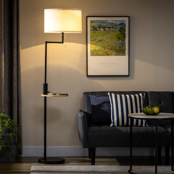 HOMCOM Lampada da Terra con Piano, Lampada Da Terra, Cordino di Trazione, E 27, 40 W, Bambù, Naturale + Nero