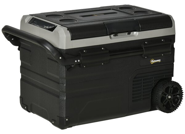 Outsunny Box Frigo Auto 40L con Illuminazione a LED Compressore Frigorifero da Auto con Manici Ruote Trasporto Barca Camper Viaggi 12/24V DC e 110-240V AC Nero+Grigio