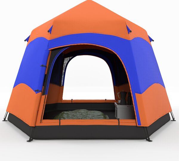 Outsunny Quick-Up-Zelt Doppelwandzelt Outdoor Familienzelt Pop-Up per 4-6 persone 4 stagioni impermeabile con borsa da trasporto zanzariera 2 porte Poliestere + Fibra di vetro Arancione + Blu 275 x 275 x 170 cm