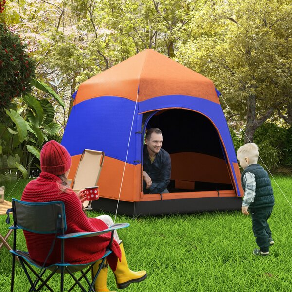 Outsunny Quick-Up-Zelt Doppelwandzelt Outdoor Familienzelt Pop-Up per 4-6 persone 4 stagioni impermeabile con borsa da trasporto zanzariera 2 porte Poliestere + Fibra di vetro Arancione + Blu 275 x 275 x 170 cm