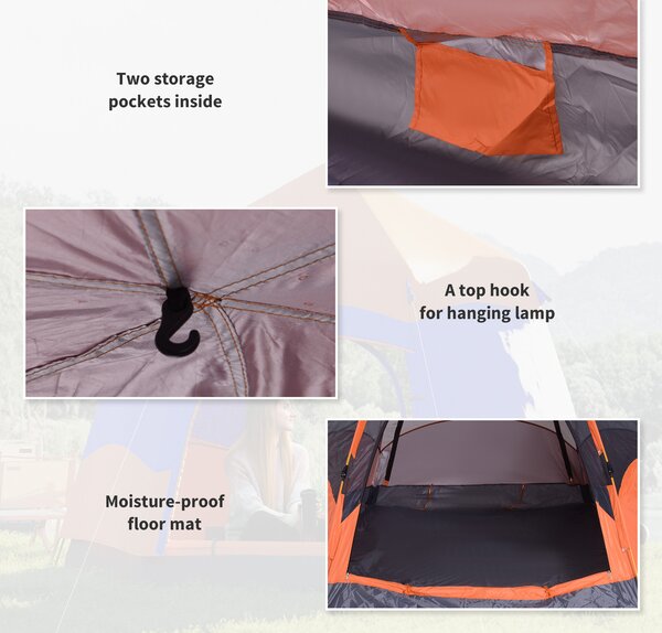 Outsunny Quick-Up-Zelt Doppelwandzelt Outdoor Familienzelt Pop-Up per 4-6 persone 4 stagioni impermeabile con borsa da trasporto zanzariera 2 porte Poliestere + Fibra di vetro Arancione + Blu 275 x 275 x 170 cm