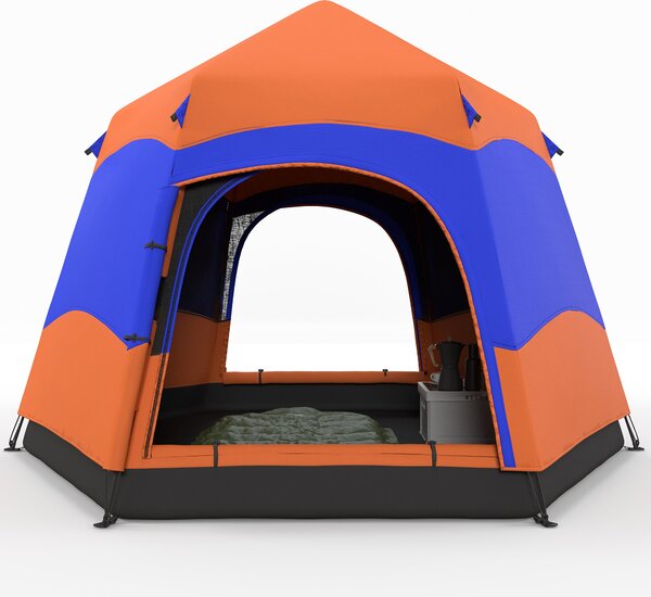 Outsunny Quick-Up-Zelt Doppelwandzelt Outdoor Familienzelt Pop-Up per 4-6 persone 4 stagioni impermeabile con borsa da trasporto zanzariera 2 porte Poliestere + Fibra di vetro Arancione + Blu 275 x 275 x 170 cm