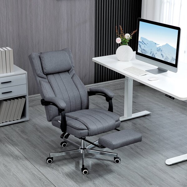 Vinsetto Sedia per Ufficio con Funzione Massaggio, Schienale Reclinabile, Poggiapiedi Estraibile, Rivestimento in Lino, grigio, 65 x 61 x 113 cm