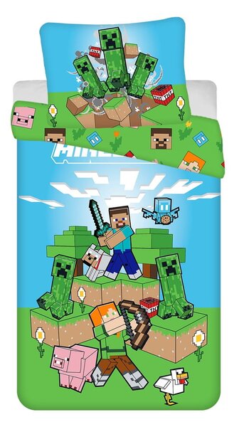 Set copripiumino e federa da bambini verde/blu in cotone per letto singolo 140x200 cm Minecraft "Outdoor Mobs" – Jerry Fabrics