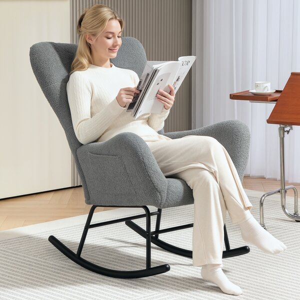 HOMCOM Sedia a Dondolo, Copertura Peluche, Cuscino Lombare, Antiscivolo, Fino a 120 kg, Grigio