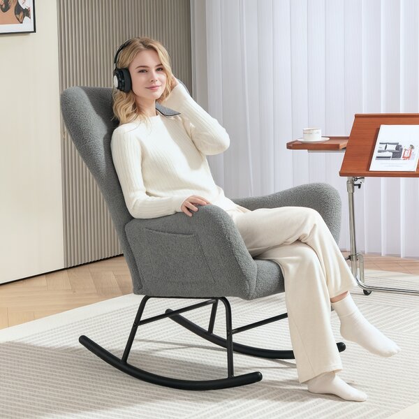HOMCOM Sedia a Dondolo, Copertura Peluche, Cuscino Lombare, Antiscivolo, Fino a 120 kg, Grigio