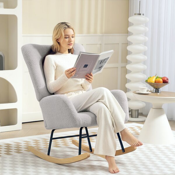HOMCOM Poltrona dondolo, rivestimento peluche, imbottitura spessa, antiscivolo, Grigio Chiaro