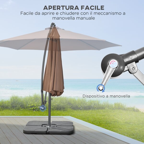Outsunny Ombrellone Decentrato a 6 Stecche con Manovella e Base a Croce, in Metallo e Poliestere, Ø292x247 cm, Caffè