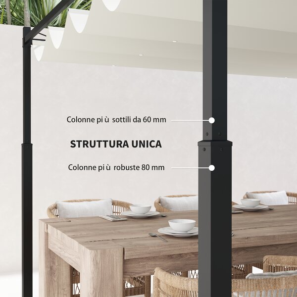 Outsunny Gazebo Pergola 3x3 m con Tettuccio Retrattile, 8 Viti e 8 Picchetti, in Poliestere 180g e Metallo, Bianco Crema
