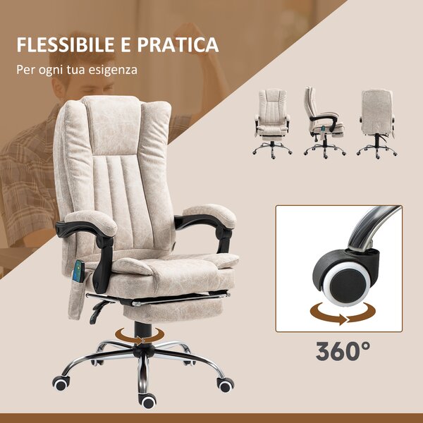 Vinsetto Poltrona da Ufficio Massaggiante Riscaldante, Altezza Regolabili, Sedie con Poggiapiedi Retrattile, 62x67x113-120cm, Crema | Aosom Italy