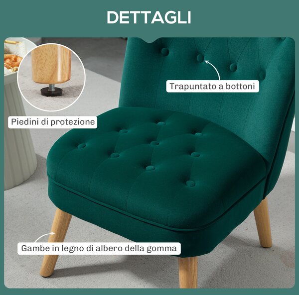 HOMCOM Poltrona per Salotto in Velluto con Seduta Imbottita e Trapuntata a Bottoni, 60x66x79 cm, Verde