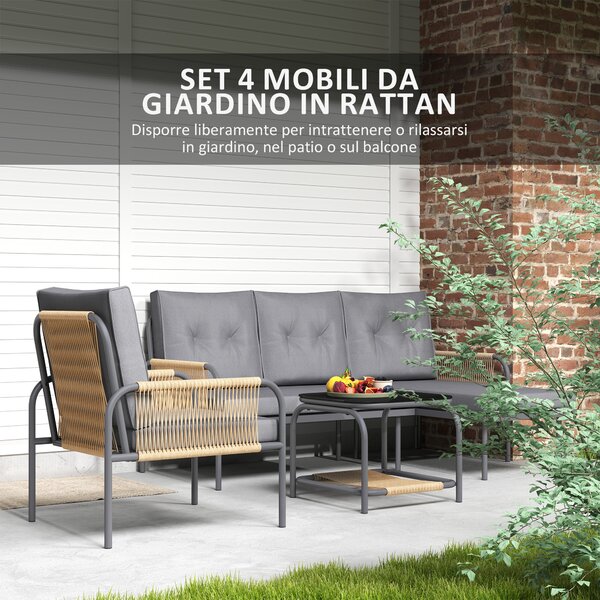 Outsunny Salotto da Giardino 4 Pezzi in Rattan con Divano, Chaise Longue, Poltrona e Tavolino con Cuscini, Grigio