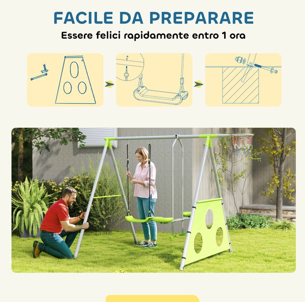 AIYAPLAY Gioco per Bambini 3 in 1 con Altalena da Giardino, Canestro e Porta da Calcio, 238x180x182 cm,, Verde e Grigio