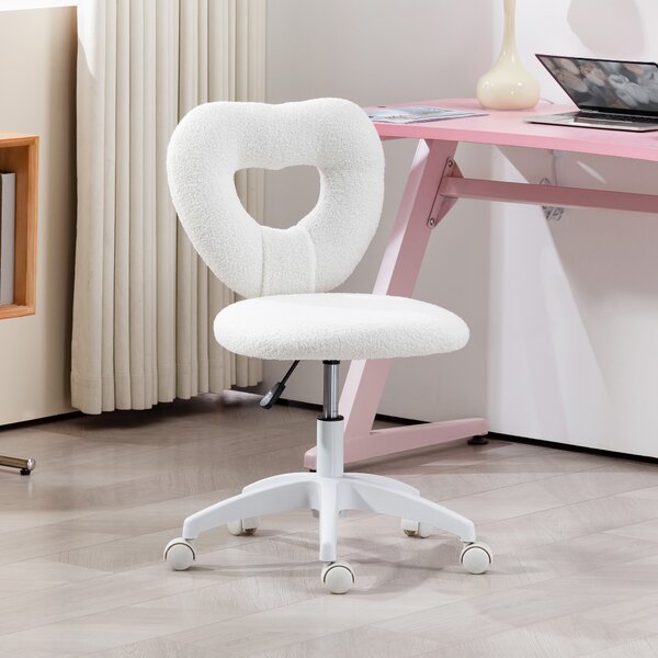 HOMCOM Sedia da Ufficio Imbottita con Schienale a Cuore e Rotelle, in Velluto Teddy e Plastica, 45x56x78-88 cm, Bianco