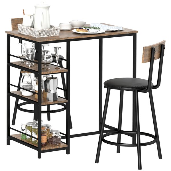 HOMCOM Set da 3 pezzi con tavolo da bar e 2 sedie, Set da cucina con mensole laterali, MDF, Metallo, Nero