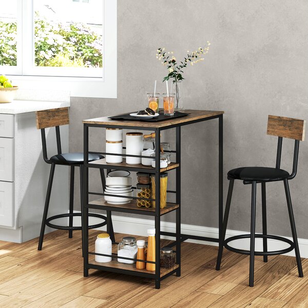 HOMCOM Set da 3 pezzi con tavolo da bar e 2 sedie, Set da cucina con mensole laterali, MDF, Metallo, Nero