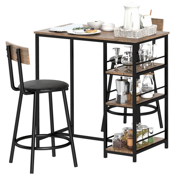 HOMCOM Set da 3 pezzi con tavolo da bar e 2 sedie, Set da cucina con mensole laterali, MDF, Metallo, Nero