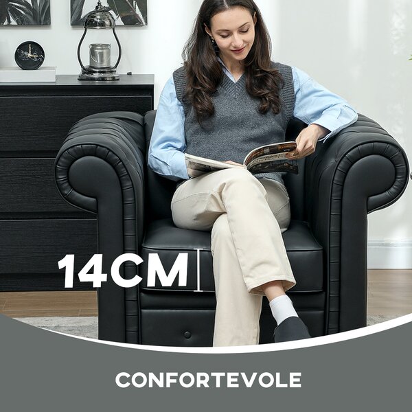 HOMCOM Poltrona Moderno da Salotto in Finta Pelle PU con Gambe in Legno, Stile Chesterfield, Nero | Aosom Italy