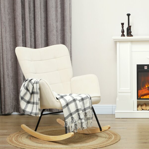 HOMCOM Poltrona Dondolo, imbottitura spessa, schienale largo, legno di faggio/telaio in acciaio, fino a 120 kg, Beige