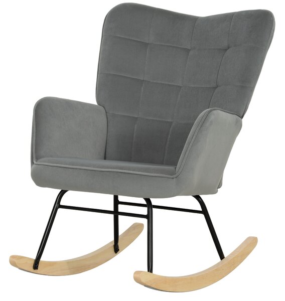 HOMCOM Poltrona a Dondolo Vintage, Pattini Curvi, Imbottitura Spessa, Legno di Faggio & Acciaio, Grigio Scuro
