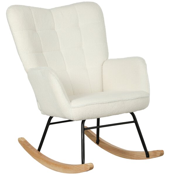HOMCOM Poltrona Dondolo in Berbervlies con Braccioli, Poltrona Ergonomica con Scivoli in Legno, per Soggiorno, Camera da Letto, Bianco