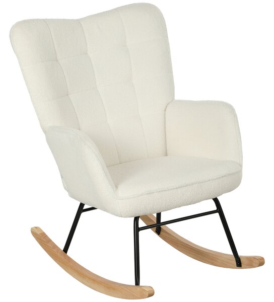 HOMCOM Poltrona Dondolo in Berbervlies con Braccioli, Poltrona Ergonomica con Scivoli in Legno, per Soggiorno, Camera da Letto, Bianco