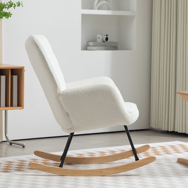HOMCOM Poltrona Dondolo in Berbervlies con Braccioli, Poltrona Ergonomica con Scivoli in Legno, per Soggiorno, Camera da Letto, Bianco