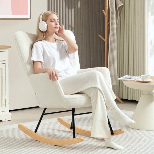HOMCOM Poltrona Dondolo in Berbervlies con Braccioli, Poltrona Ergonomica con Scivoli in Legno, per Soggiorno, Camera da Letto, Bianco