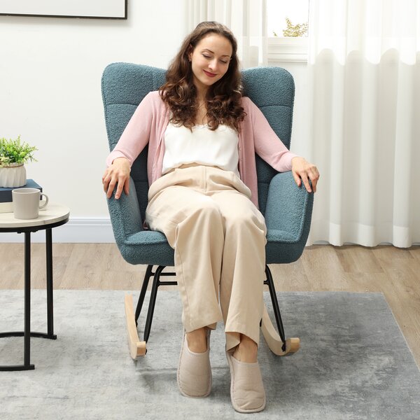 HOMCOM Poltrona a Dondolo, forma ergonomica, scivoli in legno reale, fino a 120 kg, Azzurro Chiaro