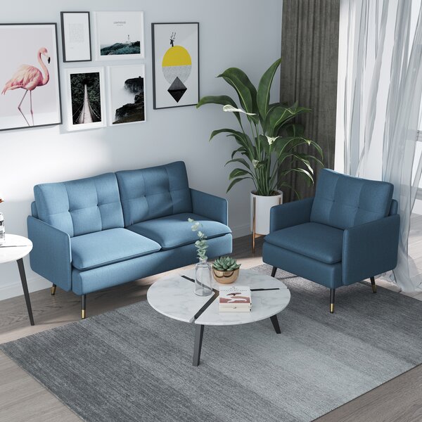 HOMCOM Poltrona Moderna con Seduta Imbottita e Gambe in Acciaio, Tessuto Lino da Soggiorno, Camera da Letto e Sala da Pranzo, Blu | Aosom Italy