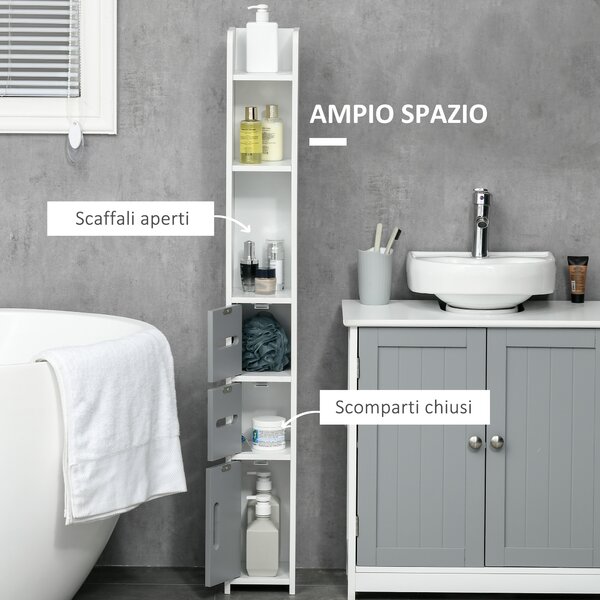 Kleankin Colonna Bagno con Mensole e Armadietti, Mobile Alto Salvaspazio in Legno 15x17x120cm, Bianco e Grigio|Aosom