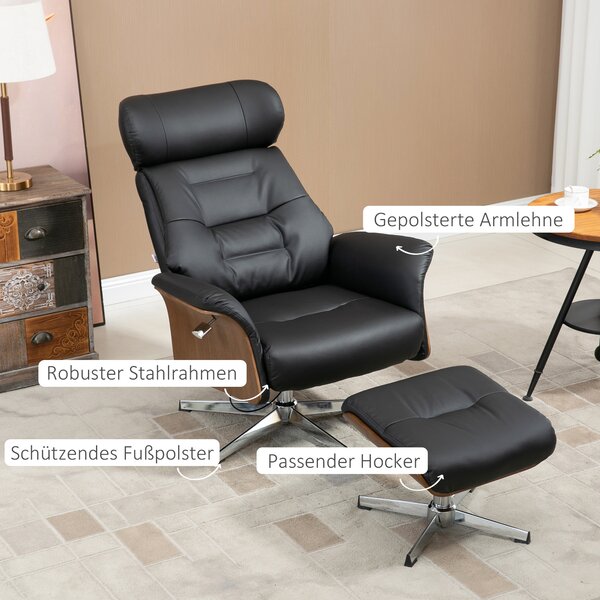 HOMCOM Poltrona Relax con Poggiapiedi, Girevole 360°, Funzione Sdraio, Poltrona per la Lettura, nero, 80 x 84 x 108 cm