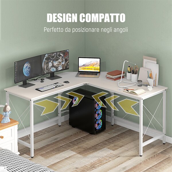 HOMCOM Scrivania Angolare a L con Piedini Regolabili, in Legno e Acciaio, 150x150x76 cm, Bianca
