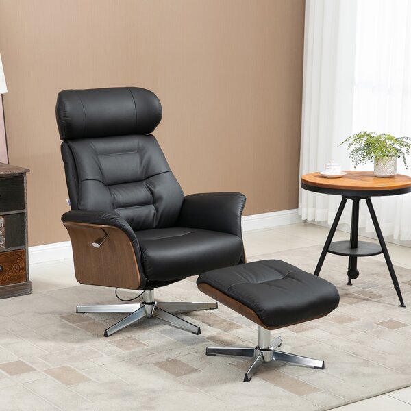 HOMCOM Poltrona Relax con Poggiapiedi, Girevole 360°, Funzione Sdraio, Poltrona per la Lettura, nero, 80 x 84 x 108 cm