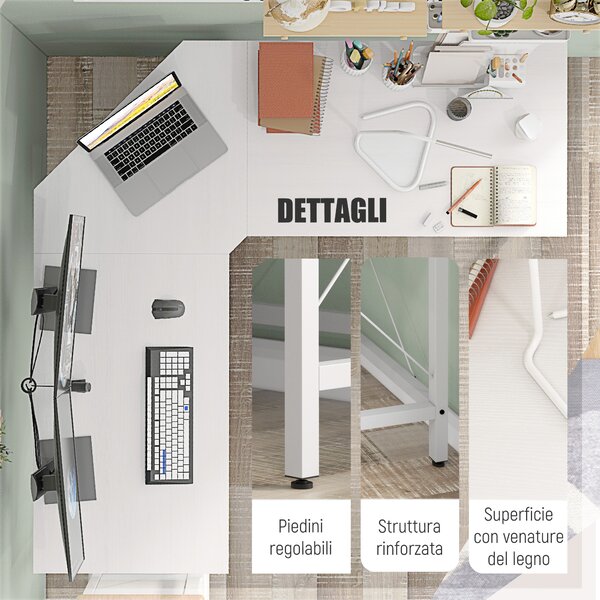 HOMCOM Scrivania Angolare a L con Piedini Regolabili, in Legno e Acciaio, 150x150x76 cm, Bianca