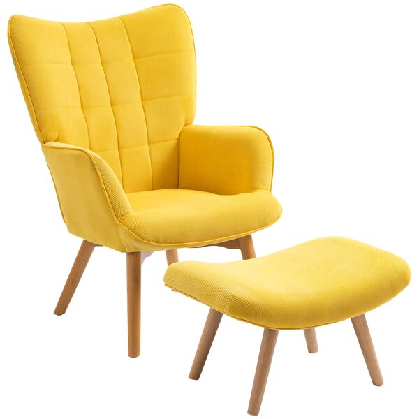 HOMCOM Poltrona d'Arredo con Pouf, Poltrona Relax in Effetto Corda, Poltrona con Braccioli e Gambe in Legno, per Soggiorno, Giallo