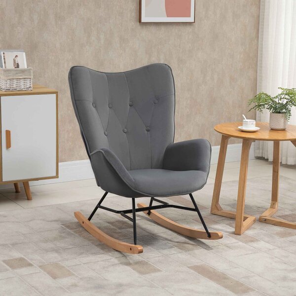 HOMCOM Sedia a Dondolo con trapuntatura, scricchiolii in legno, velluto, fino a 150 kg, Grigio Scuro