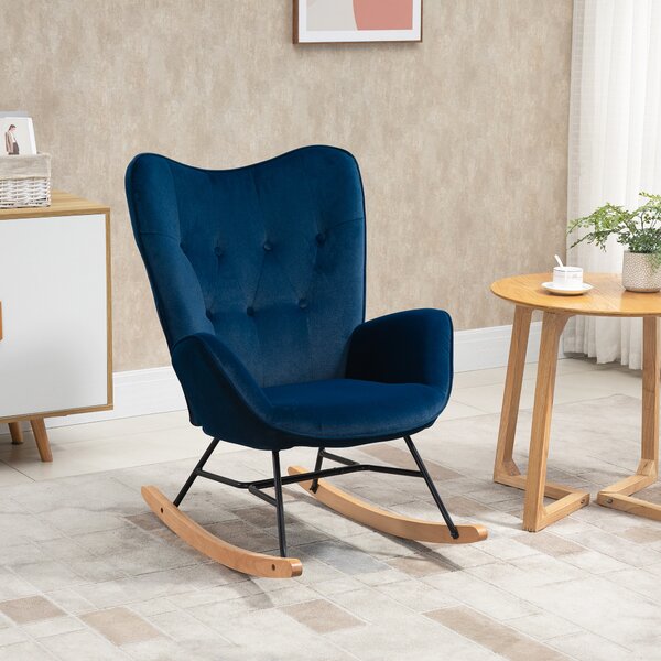 HOMCOM Poltrona a Dondolo con Trapunta, Pioli in Legno, Velluto Sintetico, fino a 150 kg, Blu