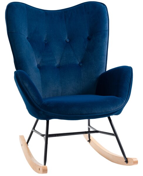 HOMCOM Poltrona a Dondolo con Trapunta, Pioli in Legno, Velluto Sintetico, fino a 150 kg, Blu