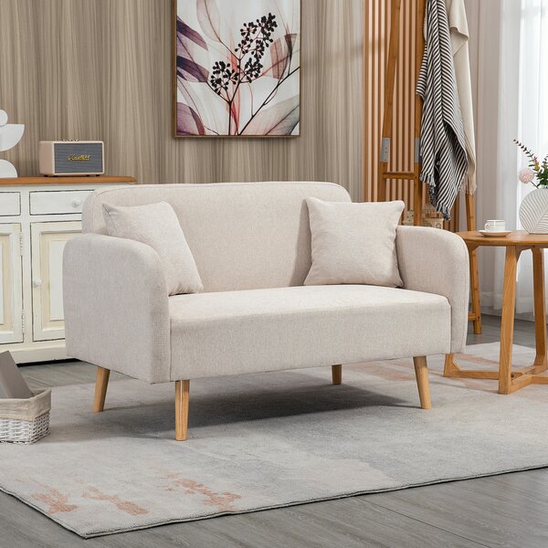 HOMCOM Divano a Due Posti, Design Moderno, Include 2 Cuscini, Gambe in Legno, 130 x 70 x 80 cm, Crema