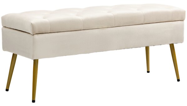 HOMCOM Panchina con Contenitore in Velluto, Pouf Imbottito con Design Trapuntato, Struttura in Metallo, 102 x 35 x 43 cm, Beige