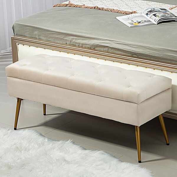 HOMCOM Panchina con Contenitore in Velluto, Pouf Imbottito con Design Trapuntato, Struttura in Metallo, 102 x 35 x 43 cm, Beige