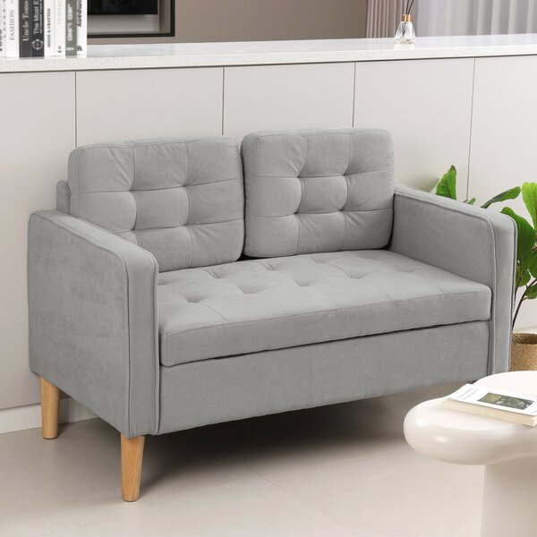 HOMCOM Divano a Due Posti con Contenitore, Impunture a Bottoni, Cuscini, Legno di Gomma, 117x62x78cm, Grigio Chiaro
