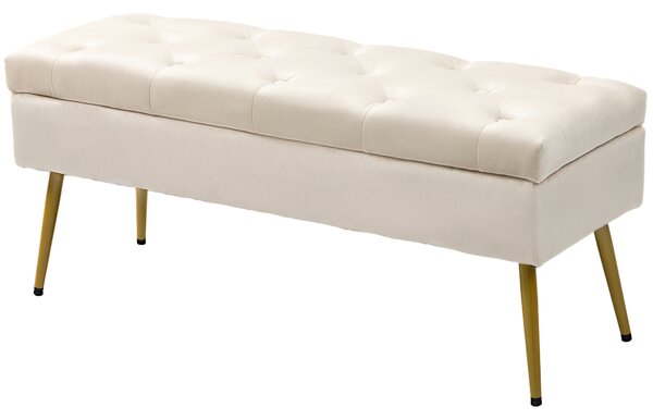 HOMCOM Panchina con Contenitore in Velluto, Pouf Imbottito con Design Trapuntato, Struttura in Metallo, 102 x 35 x 43 cm, Beige
