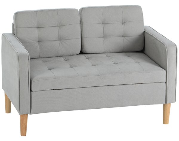 HOMCOM Divano a Due Posti con Contenitore, Impunture a Bottoni, Cuscini, Legno di Gomma, 117x62x78cm, Grigio Chiaro