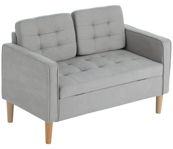 HOMCOM Divano a Due Posti con Contenitore, Impunture a Bottoni, Cuscini, Legno di Gomma, 117x62x78cm, Grigio Chiaro